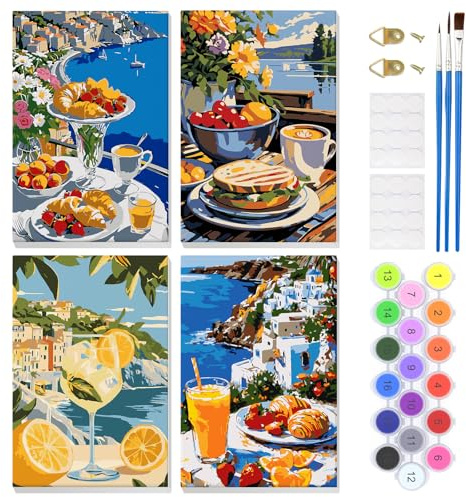 EOBROMD 4 Piezas Pan Pintar por Numeros Adultos, Vista al Mar Pintura por Números con Marco, Kit de Pintura al óleo de Lienzo DIY para con Pinceles, Pigmento Acrílico, Decoración para el Hogar 20x30cm