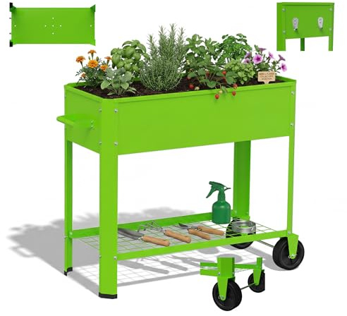 HENGMEI Aiuola rialzata con ruote e maniglie, per giardino, in metallo, con ripiano, robusta fioriera per verdure ed erbe, ideale come spirale per erbe e fioriere da balcone, 80 x 35 x 80 cm