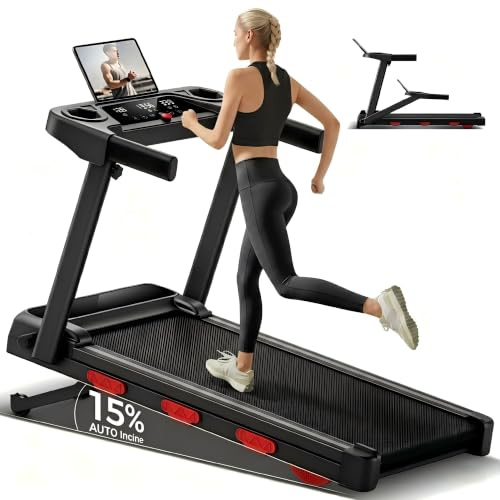 Treadmill for Home with 15% Auto/Manual Incline, 12KM Foldable Walking Pad | Smart Display & 12 Pre-set Programs, 8-Point System Cushions, <45dB Low Noise, Transport Wheels, Ideal for home & apartments