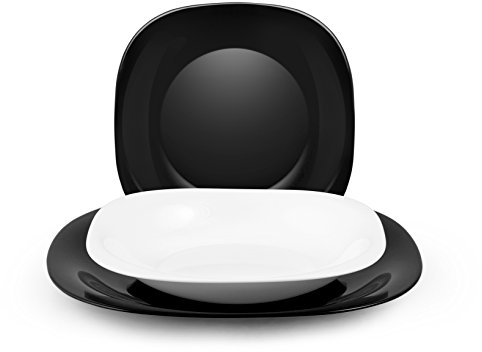 H&H, Juego de platos de 18 piezas en ópalo, blanco y negro