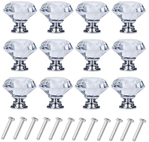 YourGift 12 Pack Drawer Knobs Diamond Shaped Crystal Glass 30mm Cabinet Knobs Pull Handles (Silver)