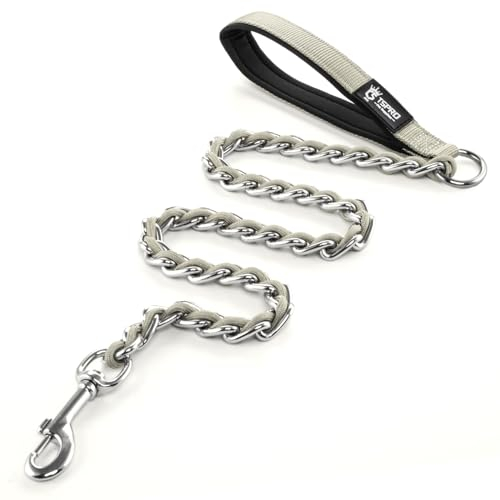 TSPRO Hundeleine Kette, Hundekette Leine Bissfest mit Weichem Griff, Leine Metall Hunde Kette für Mittelgroße und Große Hunde, mit D-Ring Rostfrei Anti-Kauen Kettenleine Grau (4MM, Gray)