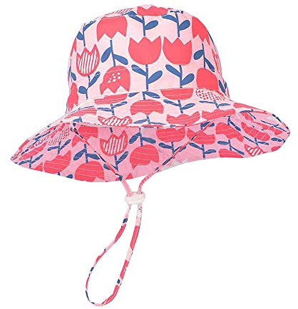 LACOFIA Chapeau Bob de Soleil Bébé Bonnet d'été pour Enfant Filles Casquette de Plage à Bord Large Enfant Protection Solaire avec Mentonnière Réglable Fleurs Roses 4-6 Ans