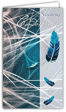 AFIE 24-1040 Carte Sincères Condoléances Format 16x9,5cm avec Enveloppe Blanche Décès et Deuil - Cérémonie Funéraire - Plumes Bleues Âme - Fabriquée en France
