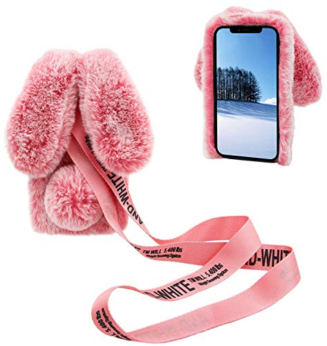 DasKAn pour iPod Touch 5/6 / 7 Fourrure Coque avec Bandoulière, 3D Oreilles de Lapin Design Brillant Diamant Hiver Chaud Souple Peluche Housse de Protection Étui de Téléphone, Rose
