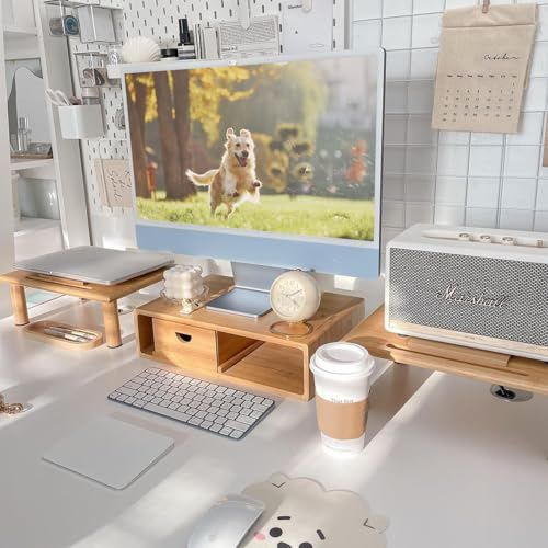 ROCDEER Scaffale a doppio monitor in bambù per 2 monitor, supporto per monitor e supporto per scrivania e ufficio, supporto per monitor computer, supporto per televisori pesanti fino a 130 lbs, colore