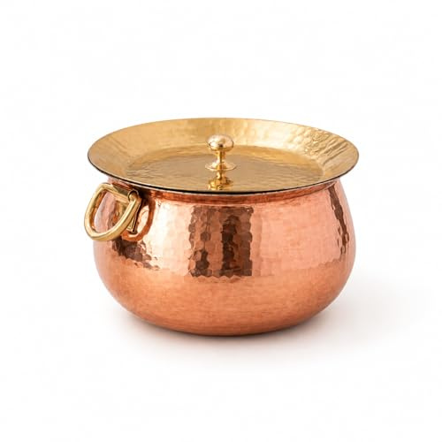 P•TAL Copper Madurai Handi Tin Coated with Lid 100% Pure Copper Degchi Teflon/Chemical Free Cooking Non Stick Biryani Handi for Kitchen, 4.4 Liters