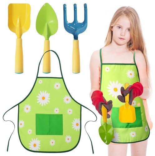 LOOPES 4Pcs Kids Gardening Tool Set Children's Garden Apron Tool Kit with Shovel Rake Trowel Daisy Apron Toddler Gardening Sets Birthday Gifts for Kids Boys Girls Outdoor Digging Kit Gifts