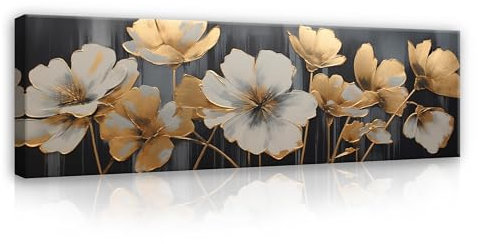 WallArena - Cuadros en lienzo - Flores abstractas doradas - 145 x 45 cm cuadros en lienzo - Cuadro sobre lienzo - Mural XXL grande murales para sala de estar, dormitorio, sala de estar, moderno