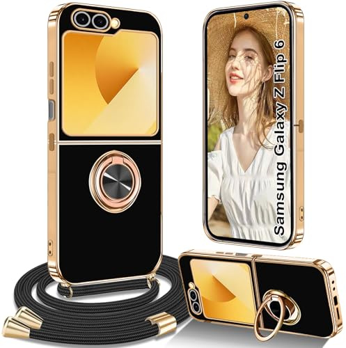 Funda con Cuerda Samsung Galaxy Z Flip 6, Carcasa para Samsung Z Flip 6 con Correa Colgante Ajustable Collar de Cuello con Anillo Soporte Funda para Samsung Galaxy Z Flip 6 con Cordón - Negro