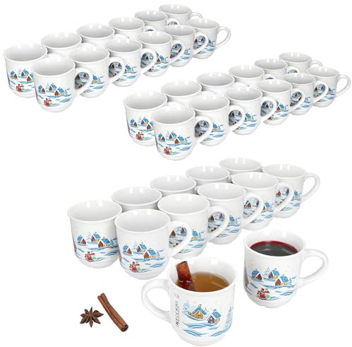 MamboCat Lot de 36 tasses à vin chaud 0,2 l blanc avec paysage de Noël coloré I tasses classiques en céramique I calibrées I Idéal pour le marché de Noël