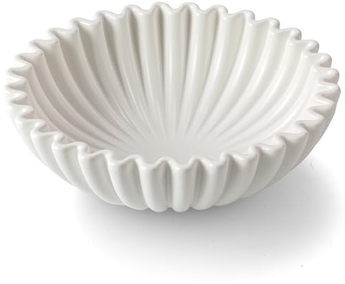 HFWDGTAO Large Decorative Bowl, White Ceramic Fruit Bowl for Kitchen Counter, Key Bowls for Entryway Table, Modern Coffee Table Home Decor, Scalloped Handmade Artwork