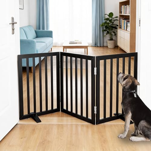 SFJC Dog Gate Indoor, Freestanding Dog Fence for The House, Doorways, Hallways,or Stairs,Pet Gate Foldable Wooden,Expandable 24 Height 3 Panels,Black