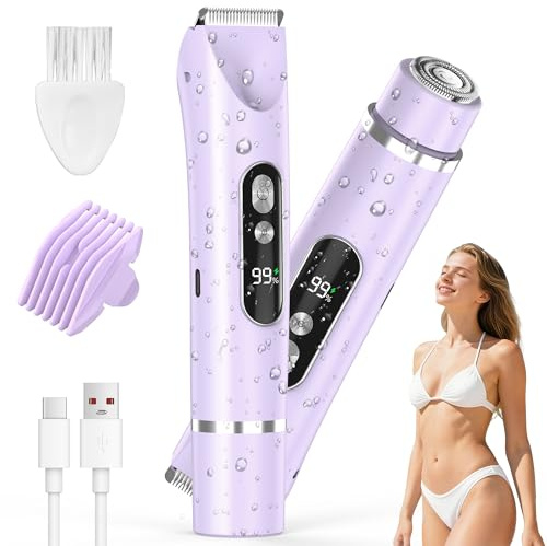 Lady Shavers for Women, 2-in-1 Electric Razor Facial Hair Remover IPX7 Waterproof & Painless Dual Head Shaver with LED Light, Portable Ladies Razors for Bikini Line Face Body Legs Underarms