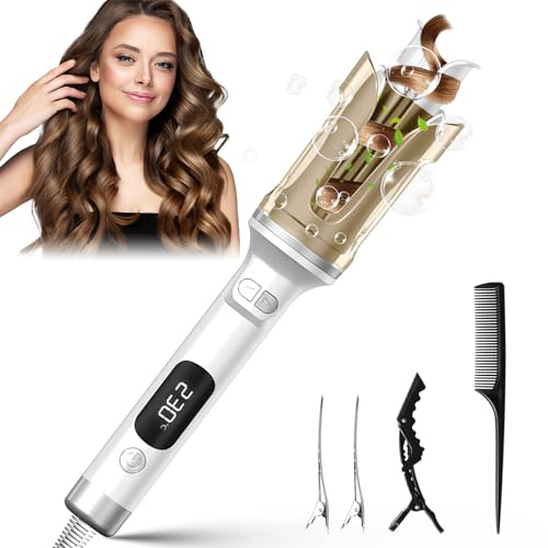 Anluomafuy Fer a Boucler Cheveux Automatique, Fer a Friser avec 6 Réglages de Température avec LCD Écran, Friseur Cheveux Femme, Boucleur Céramique pour Cheveux Longs/Courts (Blanc)