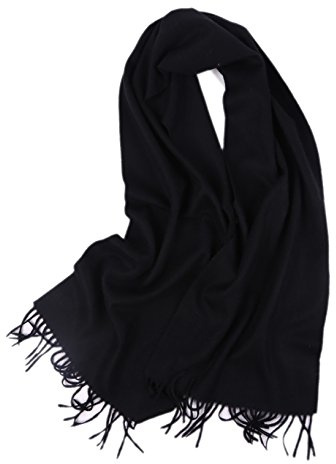 Prettystern Sciarpa lunga 100% Cashmere Cachemire Tinta Unita Foulda Donna Uomo con Frange 2 Nero