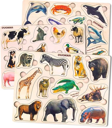 QUOKKA Spielzeug Puzzle ab 1 2 Jahre - 3 Set Montessori Holz Steckpuzzle für Kinder ab 3 4 - Realistischer Tiere Holzpuzzle ab 2 Jahre - Lernspielzeug für Mädchen and Jungen
