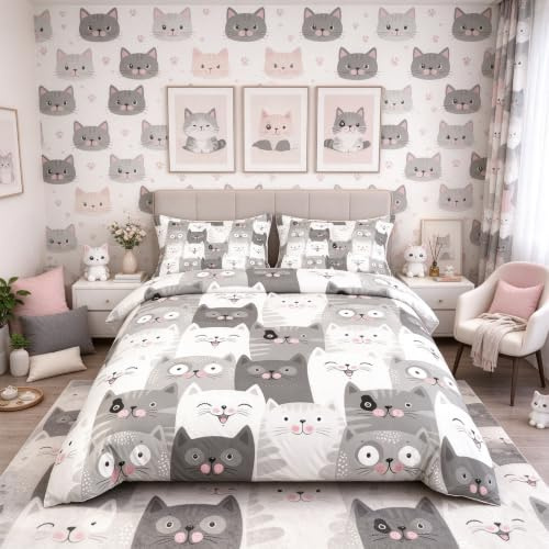 Loussiesd Cartoon Cat Duvet Cover for Little Girls Kids Bedroom Child Cute Animals Printed Comforter Cover Modern Fashion Pet Bedding Kitten Lovely Fat Face Quilt Cover Decor 2 Pcs Single