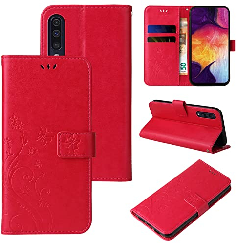 LBH Handy Hülle für Samsung Galaxy A50 Case Handytasche Schmetterling Blumen Flower Standfunktion Schutzhülle Magnet Rundum Schutz 360 Grad Flipcase Cover Rot