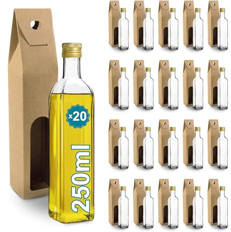 Espirito Rebelde 20 Bottiglie di Vetro 250ml con Tappo a Vite Dorato + 20 Scatole | Olio d'Oliva, Aceto, Alcool, Salse | Oliera in Vetro