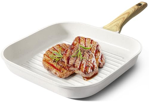 GiPP Grillpfanne 28 x 28 cm, Steakpfanne, Grillpfanne Induktion Aluguss mit Granit-Antihaftbeschichtung, 100% PFOA-frei, geeignet für alle Herd arten, Leicht zu Reinigen, Weiß
