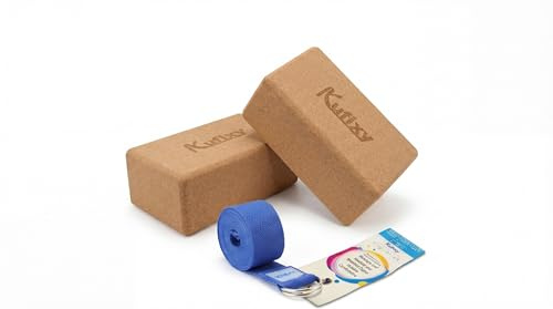 Kufixy Cork Yoga Blocks Set of 2 with Strap - Sturdy High Density & Eco Friendly Non Slip Natural Yoga Bricks for Balance Stretching Pilates Meditation and Deep Flexible Poses - 9x6x3''