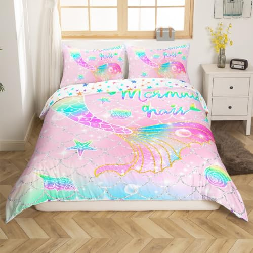 Loussiesd Mermaid Bedding Set Double for Kids Girls Rainbow Pink Mermaid Tail Printed Bedding Cute Reversible Stars Duvet Cover Set Mermaid Fish Scale Decor