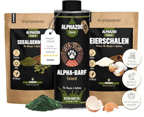 alphazoo Barf Complete Kombi für Hunde & Katzen I Alpha Barf-Öl, Eierschale & Seealgen-Mehl I Perfekt zum Barfen, mit Omega 3, Kalzium und bei Schilddrüsenunterfunktion I Barf-Futter
