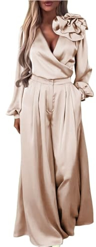 Women's Elegant Satin Two Piece Suit Deep V Neck Long Sleeve Top and Wide Leg Dressy Pants Overall with Pockets Solid Color Formal Jumpsuit Outfits Set Oversized Long Loungewear Red