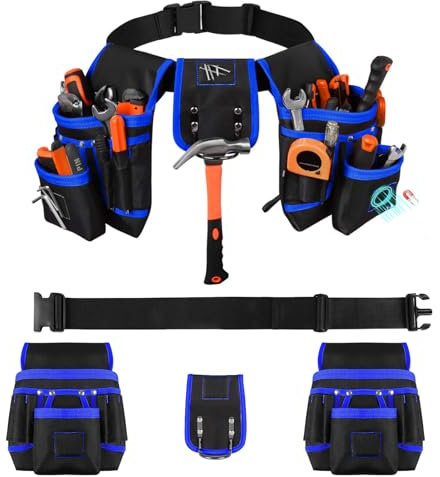 BLOGLOER Ceinture porte Outils avec 26 Poches et 1 Anneau Marteau, Magnétique Ceinture Outils avec 3 Aimants Puissants, Amovible et Réglable, pour Électricien, Charpentier, Construction, Noir-Bleu