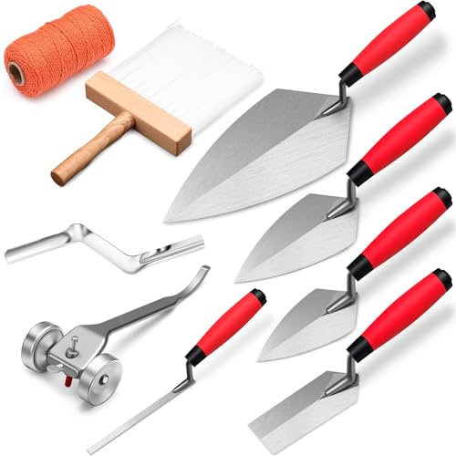 Lasnten 9 Pcs Masonry Hand Tool Set Philadelphia, Pointing, Margin, Tuck Pointing Trowel, Skate Wheel Joint Raker, Convex Brick Jointer, String Line, Masonry Brush for Concrete Towel Tool Finishing