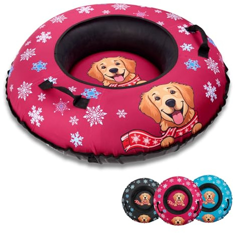 Snow Tube for Adults & Kids | Heavy Duty Inflatable Snow Tube with Super Slick Base, Freeze-Proof 1000D Base | Rubber Snow Sledding Tube for Kids | Snow Dog Series: Golden Retriever Pink