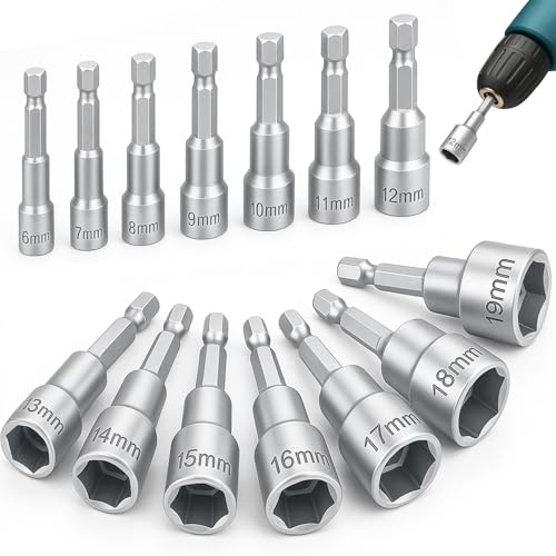14 Piezas Juego Llaves de Vaso Magnéticos,6-19mm Zócalos Adaptadores, Llaves Vaso para Taladro o Destornillador (Acero al Cromo Vanadio)