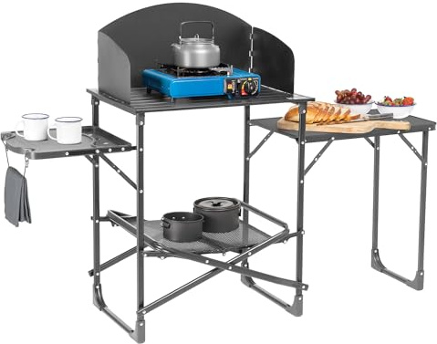Trail Deluxe Camping Kitchen Stand with Windshield, H81cm x W160cm x D48cm | Aluminium Stove Shelf, 2 Folding Side Tables, Mesh Storage Rack, Powder-Coated Steel Frame, Fold-Flat Design, Bag Included