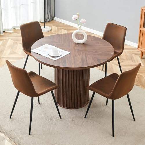 Bladez Set da pranzo 5 pezzi, tavolo da pranzo rotondo 100 cm, effetto legno naturale con vetro e 4 sedie da pranzo in tessuto tecnologico, tavolo da cucina con sedie, set da pranzo (marrone, tavolo