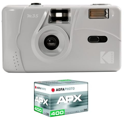 KODAK Pack M35 Argentique + Pellicule 100 ASA - Appareil Photo Kodak Rechargeable 35mm Marbre Grey, Objectif Grand Angle Fixe, Viseur optique , Flash Intégré + Pellicule APX 100, 36 poses