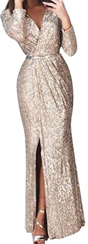 BOTCAM Damklänning, paljetter, aftonklänningar, lång, elegant, sexig, v-ringad, långärmad, hög midja, slits, maxiklänning med bälte, kvinnor, glitterklänning, festklänning, cocktailklänning,