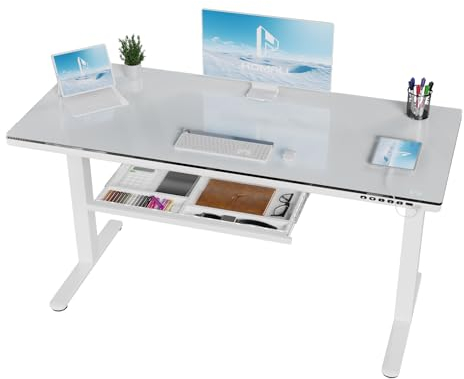 Homall Glas Höhenverstellbarer Schreibtisch, 140 x 70 cm Elektrischer Höhenverstellbarer Schreibtisch mit Schublade, Sitz- und Steh-Schreibtisch für Home Office, weiß