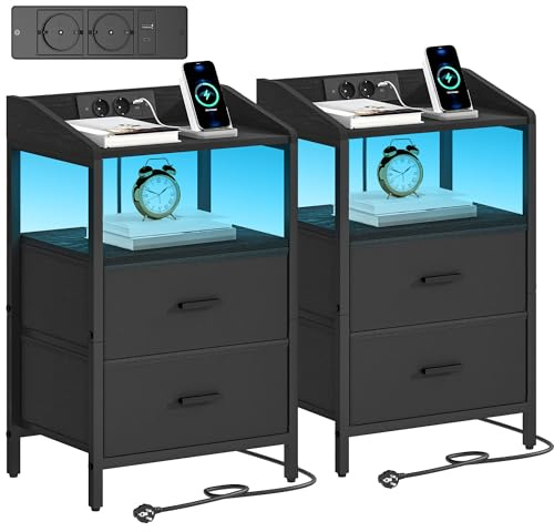 Hzuaneri Nachttisch 2er Set, mit LED-Leuchten und ladefunktion, Beistelltisch mit 2 Stoff-Schubladen mit USB-Anschlüssen & Steckdosen, für Schlafzimmer, Wohnzimmer, Schwarz NS36204B