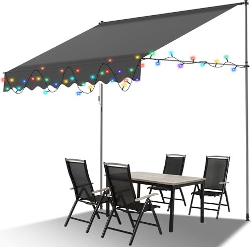 ISOISL Store à pince de 300 cm de large avec éclairage LED, store sans perçage avec manivelle, résistant aux UV, protection solaire et imperméable, store de balcon anthracite