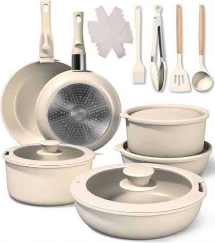 Kixolo Batterie de cuisine 19 pièces en céramique et induction, tous feux, sans PFOA ni PTFE, antiadhésive avec 2 poignées amovibles, compatible four et
