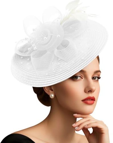 DRESHOW Fiore a Rete con Piuma Perla Fascinatori Cappello Su Una Fascia e Un clip a Forcella Cocktail Tea Party Copricapo per le Ragazze e le Donne Nobile Cappello Kentucky
