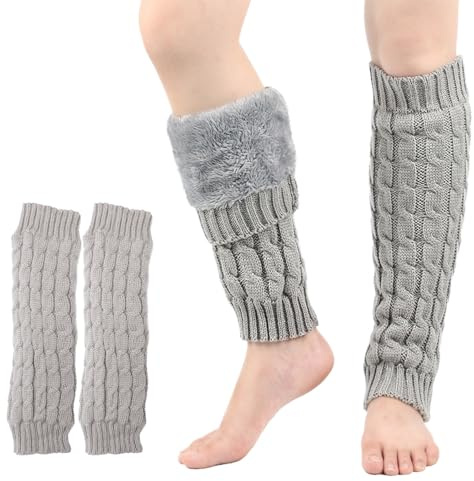 Fleece Lined Leg Warmers for Women Men,Knitted Warm Leg Protection Boot Cover for Women Girls,Ladies Fluffy Leg Socks for Winter and Autumn Fashion,Dance,Sports,Party and Yoga (Grey, One Size)