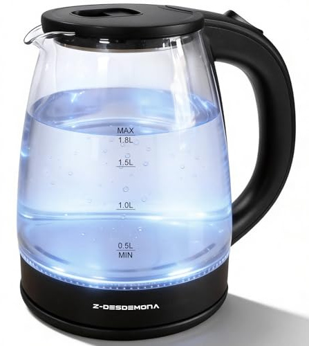 Z-DESDEMONA 1.8L Large Capacity Electric Kettle, 3000W Fast Boiling, with Kettle Hook, Overheating Protection and Dry-Boiling Prevention, 360° Swivel Storage Base, BPA-Free, Borosilicate Glass