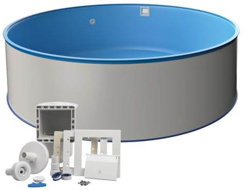 MTH - Piscina de pared redonda de acero (diámetro 5,00 x 1,20 m, pared de acero de 0,6 mm, incluye rieles de suelo y pasamanos, juego de skimmers, funda interior de 0,6 mm), color azul
