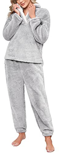 Niwicee Pijama para Mujer Invierno Conjunto de Pijama Forro Polar Super Suave Ropa de Dormir 2 Piezas Damas Ropa de Noche Manga Larga cálida y Pantalones Largos con Bolsillo(Gris,M)