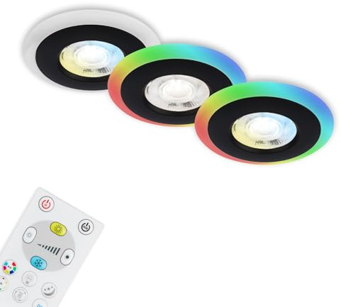 Briloner - Juego de 3 lámparas empotradas en el techo LED, anillo de luz LED RGB CCT, LED plano empotrado, foco de baño empotrado, foco de baño empotrado IP44, negro, 84x34 mm (DxH)