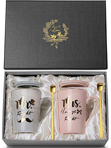 ALBISS Hochzeitsgeschenke für Brautpaar Hochzeitsgeschenk, Mr Right Mrs Always Right - Couple Jahrestag Hochzeit Geschenk Verlobungsgeschenk für Ihn Sie, Paar Geschenke Tassen für Paare, Rosa und Grau