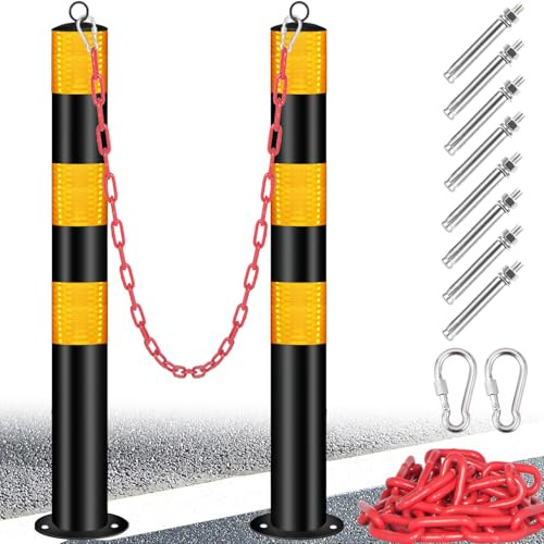 VNAKER Safety Bollard Post, Bollards Steel 37 inch, Night Reflective Design, Traffic Bollards for Driveway, Warehouse, Parking Barrier (2 Pcs)