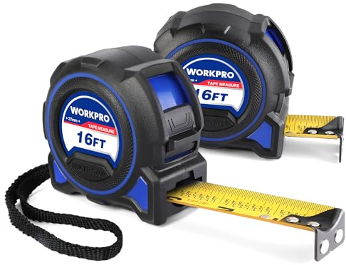WORKPRO 16FT Tape Measure, 2 Pcs Heavy Duty Retractable Tape Measurement, Double Retract Long Stand Measuring Tape Accuracy 1/32 for Engineer, with Magnetic Hook, Belt Clip, Rubber Protective Casing